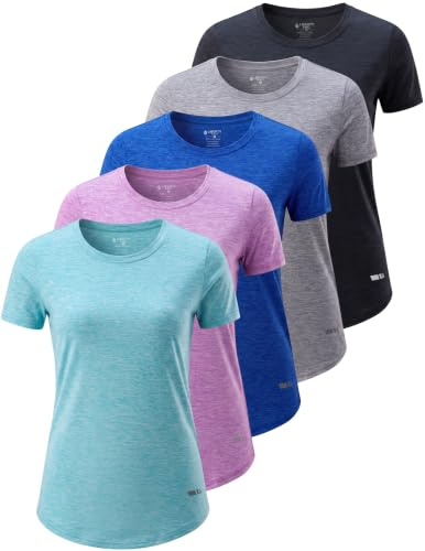 Liberty Imports 5 Pack Women's Dry Fit Workout Tops, Athletic Short Sleeve T Shirts for Yoga Gym (Available in Plus Sizes) (Set 8, Medium)