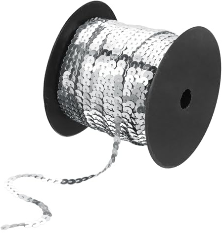 QUARKZMAN 6mm 98 Yardas Plano Lentejuelas Tira, Lentejuelas Cuerda Carrete Rollo Costura Cuerda Cinta para Flecos Costura Bricolaje Proyectos, Plata