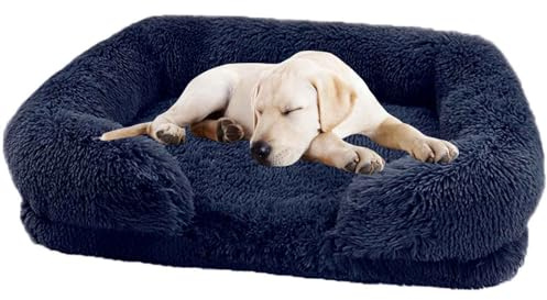 PJDDP Dog Bed with Luxury Fluffy Plush, Waterproof Dog Bed with Non Slip Bottom, Orthopedic Memory Foam Pet Bed, Washable Indestructible Dog Sofa for Small, Medium And Large Pets,Royal blue,L