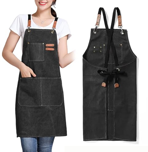 GHKLNY Unisex-Schürzen mit großen Taschen, Baumwoll-Leinen, Kreuzrücken, strapazierfähig, verstellbar, Arbeitsschürze, Größe Kinder bis Erwachsene
