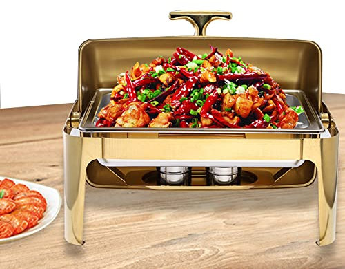 Commercial Electric Chafing Dish Buffet Food Warmer with Rolling Top Golden Rectangular Food Warmer Container for Hotel Breakfast Brunch and Large Gatherings