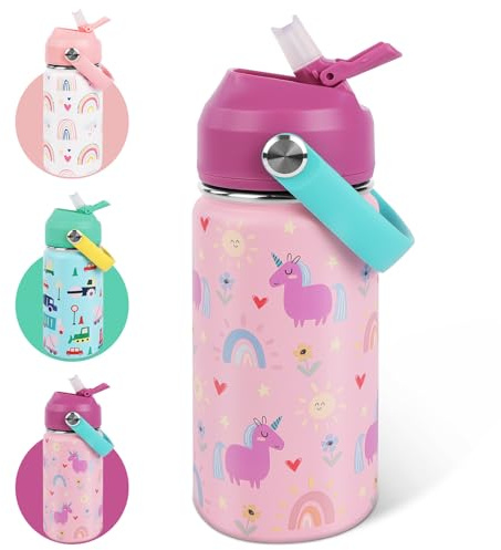 AMFUN 350ml /12oz Kids Insulated Water Bottle with Straw Lid,Small Flask Vacuum Insulated,Upgraded Leak Proof Lid with Straw & Handle for Boys Girls Hot Cold Drinks,BPA-Free (Unicorn)