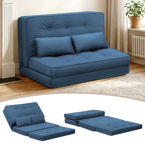 COMHOMA Bodensofa Klappbares, 3 in 1 Schlafsofa mit 6-Stufig Verstellbare Rückenlehne, Sofabett mit 2 Lendenkissen, Geeignet für Wohnzimmer, Schlafzimmer&Camping, Blau