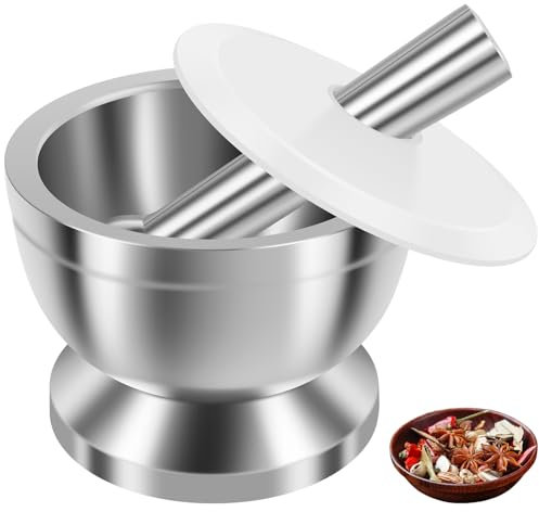 Set di mortaio e pestello, efficiente tritatutto in acciaio inox con coperchio in silicone e base antiscivolo, spaventapasta manuale multifunzione per macinare erbe aromatiche (argento, S)