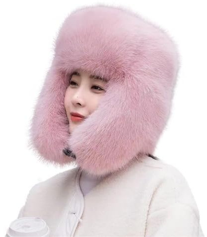 Warme Trappermütze Aus Kunstpelz Für Damen Und Herren Flauschige Uschanka Mütze Für Den Winter Ski Gehörschutz Beanie Mütze Mit Schnalle(Pink)