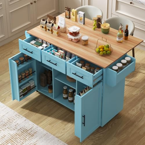 Huayz Isola cucina pieghevole, carrello mobile 3 cassetti/2 armadietti, 129x46x91,5 cm