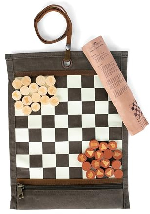 Alaskan MAKER - Jeu d'Échecs & Dames 2 en 1 - Tapis en Toile Waxée Enroulable - Pions en Bois - Lanière en Cuir Pleine Fleur - Idéal pour Voyager & Jouer Partout (Kaki)