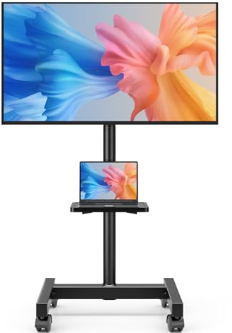 Mobile TV Floor Stand for 13-50 inch LCD LED Flat/Curved Panel Screen TVs up to 35 kg, Height Adjustable TV Stand Mount with Tilt VESA 200x200, Portable TV Stand with Shelf AX2007TBM