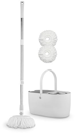 Swan Elevate Spin Mop and 5 Litre Bucket Set with Stainless Steel Wringer, Super Absorbent Microfibre Mop Head, Manual Pump Mechanism, Easy Storage, White SWFC2011WHTN