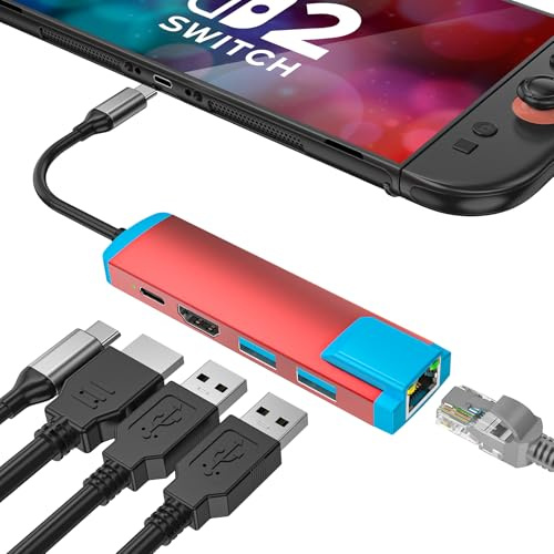 Adattatore da USB C a HDMI per Switch 2, docking station Switch 2 con porta HDMI 4K a 60Hz, porta di tipo C, porta USB 3.0, LAN 1000M, ricambio per dock ufficiale Switch 2