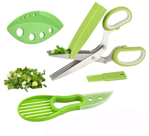 Tijeras de hierbas de cuatro piezas, tijeras para hierbas, cocina, tijeras para cebollín, tijeras de cocina de acero inoxidable, 5 hojas, con peine de limpieza, cubierta de seguridad y agujeros para