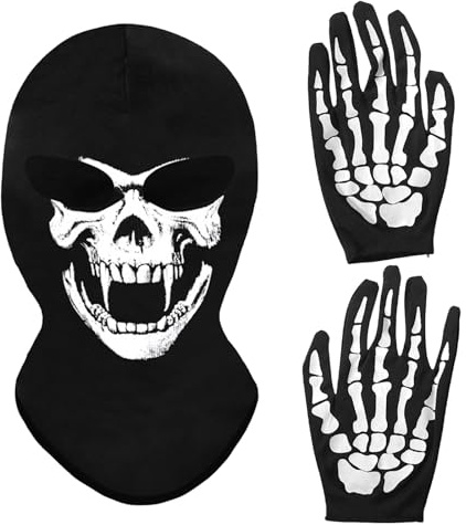 MUNSKT Halloween White Skull Hood et Gants de Squelette, Halloween Dance Costume Party pour Adulte, Mitons Chauds d'hiver Cosplay Costume.