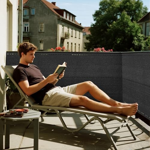 Soontrans Balkon Sichtschutz 1 x 10 m, Schatten Sichtschutz Seelenfrieden, Sichtschutz Balkon aus HDPE, Blickdicht UV-Schutz, Schattiernetz mit Kabelbinder für Gitter Geländer Zaun (Anthrazit)