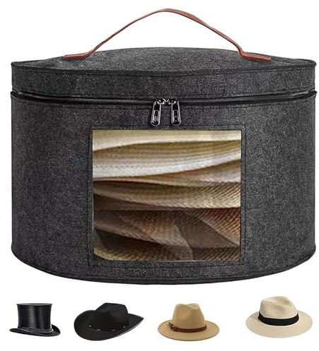Alleshelfer Caja para guardar sombreros con tapa, 43 x 25 cm, plegable, ventana transparente, asa de piel (gris oscuro)