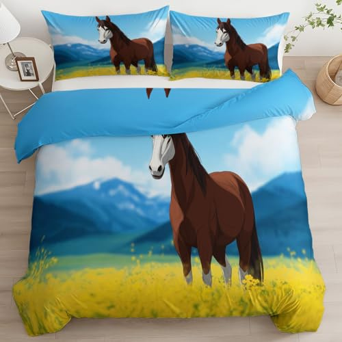 Quixora Durable Parure de lit Réversible - Set de Housse de Couette Cheval Sauvage Colza Floral 220 x 240 cm avec 2 taies d'oreiller pour lit Standard 2 Personnes, Hypoallergénique