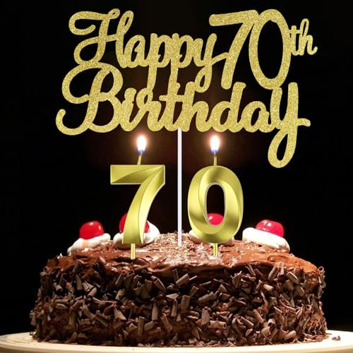 70th Birthday Candles + Happy 70th Birthday Cake Topper, 70 Cake Topper, Number 70 Candles, 70th Birthday Cake Decorations for Men and Women (70)