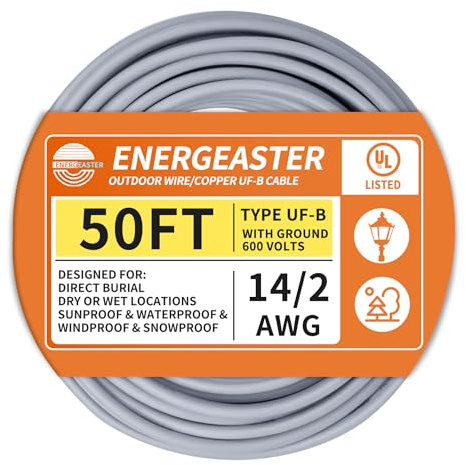 14/2 UF-B Wire 50FT Pure Copper Direct Burial Cable, Sunlight & Moisture Resistant, Ideal for Outdoor Lighting & Pump Installations & Residential Indoor Electrical Projects