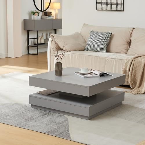 [en.casa] Mesa de Centro Florenz Mesa Baja Cuadrada con Tablero Giratorio y Estante Mueble Auxiliar Mesita para Salón 76 x 76 x 38 cm - Gris Claro