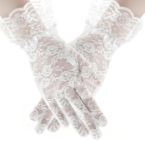 GAZIL Guantes Cortos de Encaje Blanco para Mujer, Hasta el Codo, Guantes de Encaje Elásticos para Bodas, Estilo Vintage para Fiesta, Baile, Disfraces de Máscara