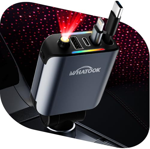 WHATOOK 4 EN 1 Encendidor de cigarrillos USB C Cargador de automóvil: [75% más pequeño][LED del cielo estrellado] Adaptador de carga rápida de automóvil de 66W con cable tipo C retractable/USB C/USB A