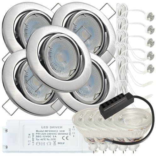 LED Einbaustrahler Set 12V schwenkbar – 5er Set mit je 120 cm Kabel & AMP-Stecksystem – 5W MR16 Spot inkl. Trafo, IP20, 400 Lumen, 55 mm Einbautiefe – LED Deckenstrahler für Wohnbereiche, Küche & Flur
