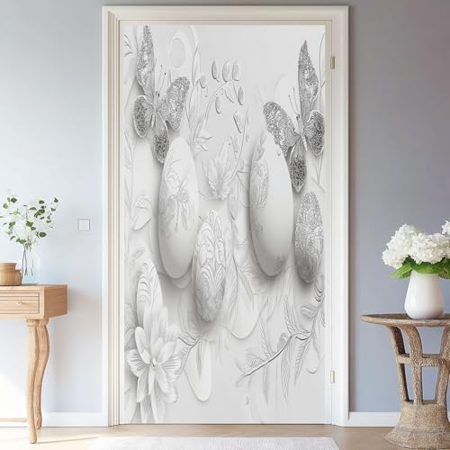 95 x 215 cm Türtapete Selbstklebend Abnehmbar PVC TürPoster, Weiß Silber Pflanzen Schmetterlinge Ostereier Thema Türaufkleber Wasserfest Türfolie für Schlafzimmer Küche Gang Badezimmer