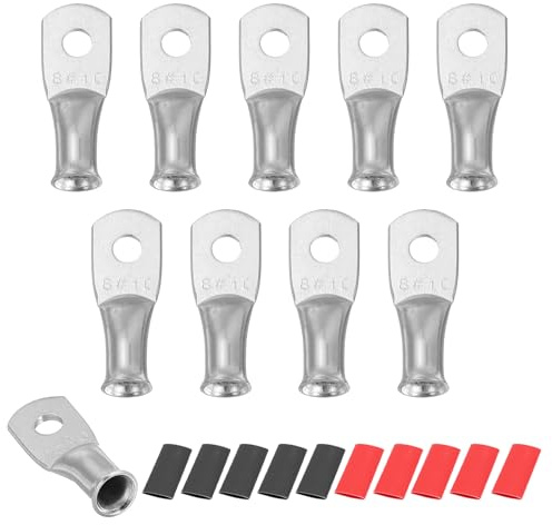 sourcing map 10 capicorda per batteria da 8 AWG, terminali ad anello con perno n. 10, terminali terminali in rame, tubi termorestringenti 2:1, argento