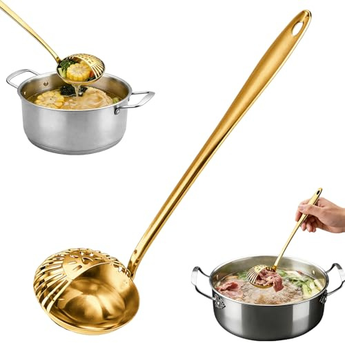 Mestolo 2 in 1 in acciaio inox con colino, confezione da 2 mestoli in metallo per cucinare pentole calde (oro)