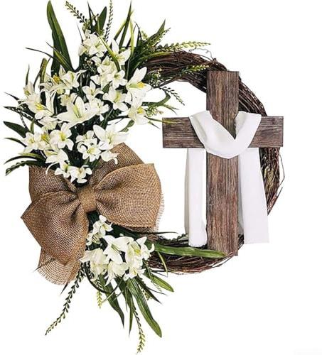 Artificial Plant Easter Wreath with Cross Garland and Burlap Bow, Designed for Home and Party Decoration with Natural Variation on Grape Wreath Base (A)