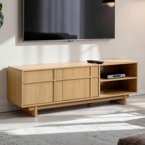 Hometopia TV-Lowboard 140 cm in Eichenoptik mit offenen Fächern | Modernes TV-Board mit 2 Türen, Kreuzleisten-Design, 2 Kabeldurchlässen und Kufenfüßen, 140 × 40 × 50 cm