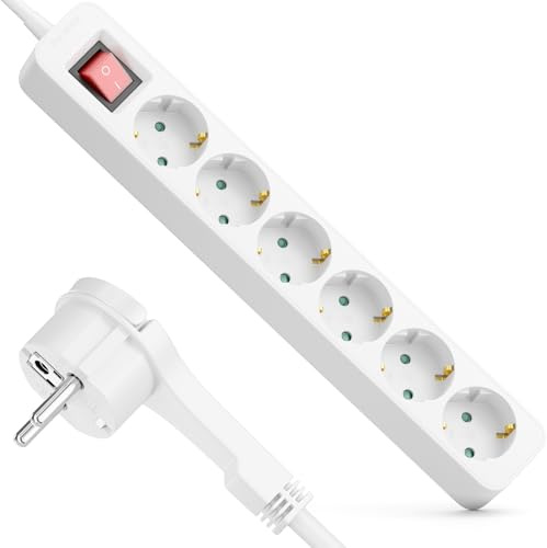 deleyCON 6-Fack Grenuttag med Plattkontakt - 5m Kabel - med ON/OFF Strömbrytare - Ideal Bakom Möbler, Grenuttag Strömkabel Fördelare Förlängning Strömlist 3680W 16A - Vit