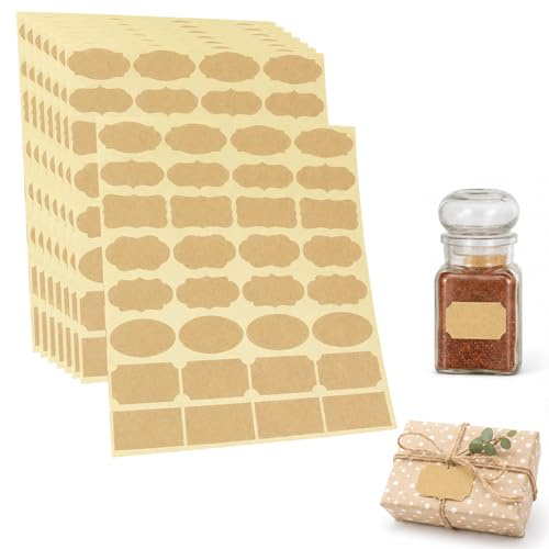 Whispern Cloud 256 Pcs Blank Kraft Label Stickers Self Adhesive Fancy Shape | Writable Self-Adhesive Kraft Labels, 8 Decorative Shapes, Tear Resistant for Jars, Bottles, Pantry & Gift Use
