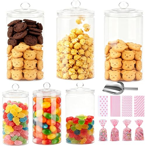 Ksnowqi 6pcs 600ml Tarros de Plastico para Chuches, Candy Bar Tarros, Botes De Chuches con Tapas, Tarr0s de Plástico Vacíos para Bufé de Caramelos