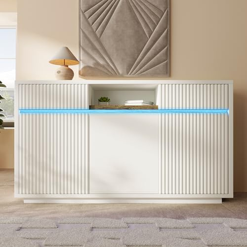 FammyLoft Sideboard mit 3 Türen & Verstellbaren Einlegeböden, Kommode mit 2 Schubladen, Komodenschrank mit LED für Eingangsbereich/Wohnzimmer/Esszimmer, Sideboard Küche, Büroschrank, 140cm, Weiß