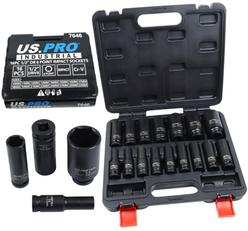 US PRO Juego de 16 llaves de vaso de impacto profundo de 6 puntos, estilo europeo, 10-32 mm