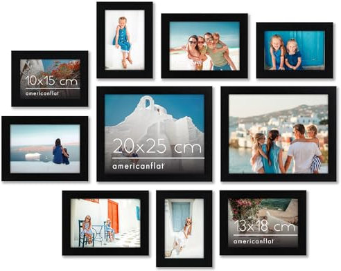 Americanflat 10-teiliges Collage-Bilderrahmen Set Schwarz für Wand & Tisch - Zwei 20x25, Vier 13x18 & Vier 10x15 Rahmen - Rahmenset mit Bruchsicherem Glas, Aufhängevorrichtungen & Aufstellern