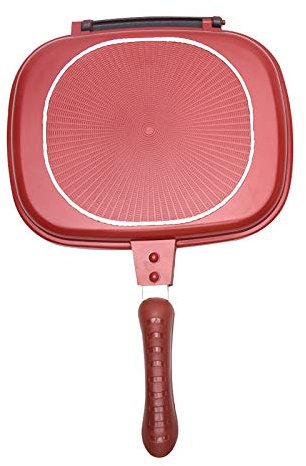 Guer Poêle à double face antiadhésive avec double grille de revêtement, Poêle en céramique avec poignée magnétique, rouge, carrée (32 cm)