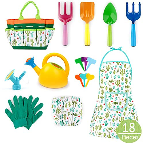 XINNIAN Gartengeräte für Kinder Gartenwerkzeug für Kinder 18 Stück Gartenspielzeug Set für Kinder Junge Mädchen mit Kinder Gartenhandschuhe,Gießkanne,Schürze,Schaufel,Rechen,GartenTasch
