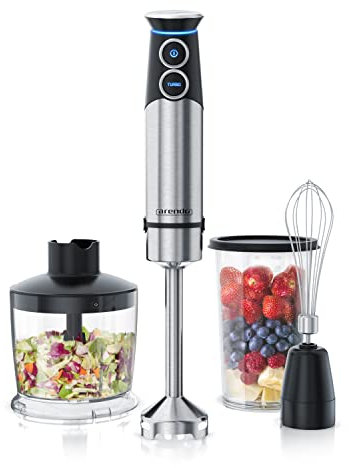 Arendo - Stabmixer Edelstahl 1500 Watt Set - Pürierstab - stufenlose Geschwindigkeit - Turbotaste – 4-flügeliges Messer - 800 ml Messbecher – Schneebesen