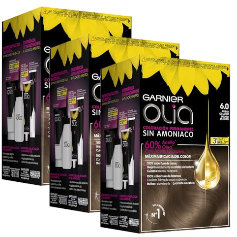 Garnier Olia - Pack de 3 coloración permanente sin amoniaco para un olor agradable con aceites florales de origen natural, color tono 6.0 rubio oscuro