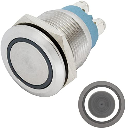 Lumonic pulsador de acero inoxidable plano de 19mm de diámetro I Con un LED anular en blanco frío Dimensiones: borne de tornillo 250V 3A I Antivandálico según norma IP65