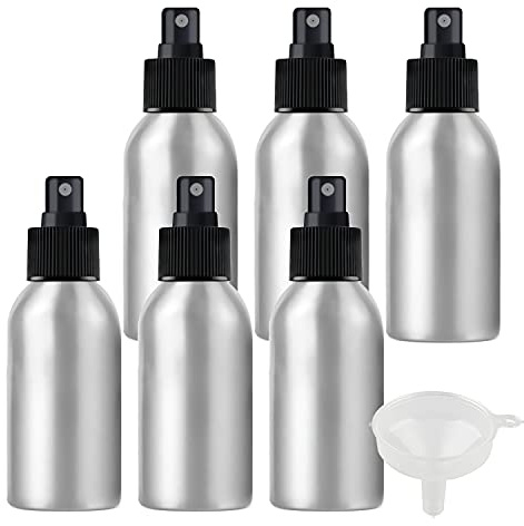 ZEOABSY 6 Pezzi 100 ml Bottiglie Spray Argento Vuote in Alluminio con Pompa Nera Fine Nebbia Flacone Spray per Cosmetica Acqua Profumo da Viaggio Riempibile, Imbuto