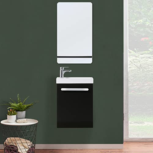 MOB-IN Meuble Lave-Mains Nevada Noir Carbone + Robinet chromé+Miroir Tablette Noire