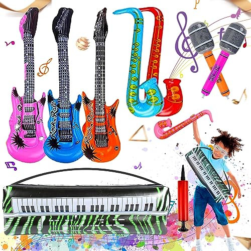 9 Stück Aufblasbare Requisiten für Rockmusik, Aufblasbares Saxophon Gitarre Mikrofon Zubehör, Geeignet für Geburtstags-Rockpartys, Konzertbühnen-Requisiten