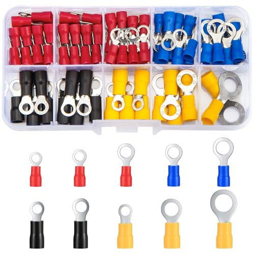 Vwoqiy 102 Pezzi Connettori Elettrici a Occhiello Anello, Capicorda Elettrici, Morsetti Elettrici Assortiti Isolati, Terminali a Crimpare Elettrici ad Anello per Cavi Fil