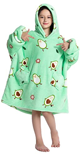 JOREAY Stor filt för barn, flickor, pojkar, mysig fleece, bärbar filt, sherpa, fluffig gigantisk huvtröja för tonåringar, Avokado, one size