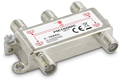 Metronic Splitter TV Antenna TNT 4 Uscite a spina F Schermato Metallo, Splitter TV per 4 TV- 336114