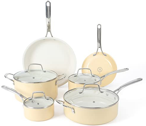Martha Stewart Lockton Premium Nonstick PFA Free Ceramic Interior 10 Piece Enamel Heavy Gauge Aluminum Pots and Pans Cookware Set - Butter Cream