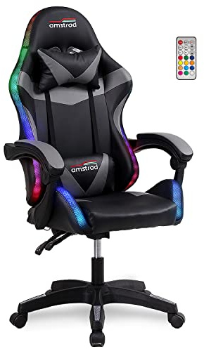 Amstrad AMS-900-LED-BK Fauteuil/Chaise de Bureau Gamer Noir Gris - Eclairage LED 366 Effets - Télécommande