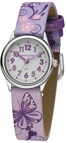 Jacques FAREL Kinder-Armbanduhr Lernuhr Mädchen Analog Quarz mit Lederimitatband Schmetterlinge Blumen Lila Rosa Flieder HCC 435